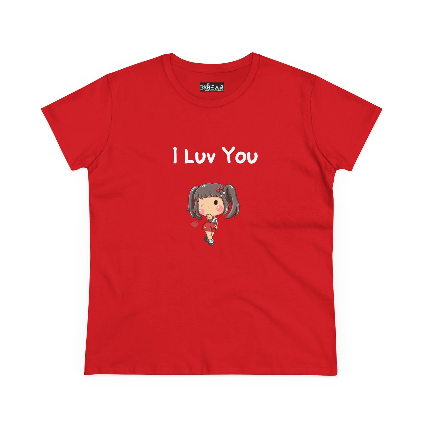 Red I luv you t-shirt by Printify with cute cartoon girl holding a heart design