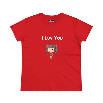 Red I luv you t-shirt by Printify with cute cartoon girl holding a heart design