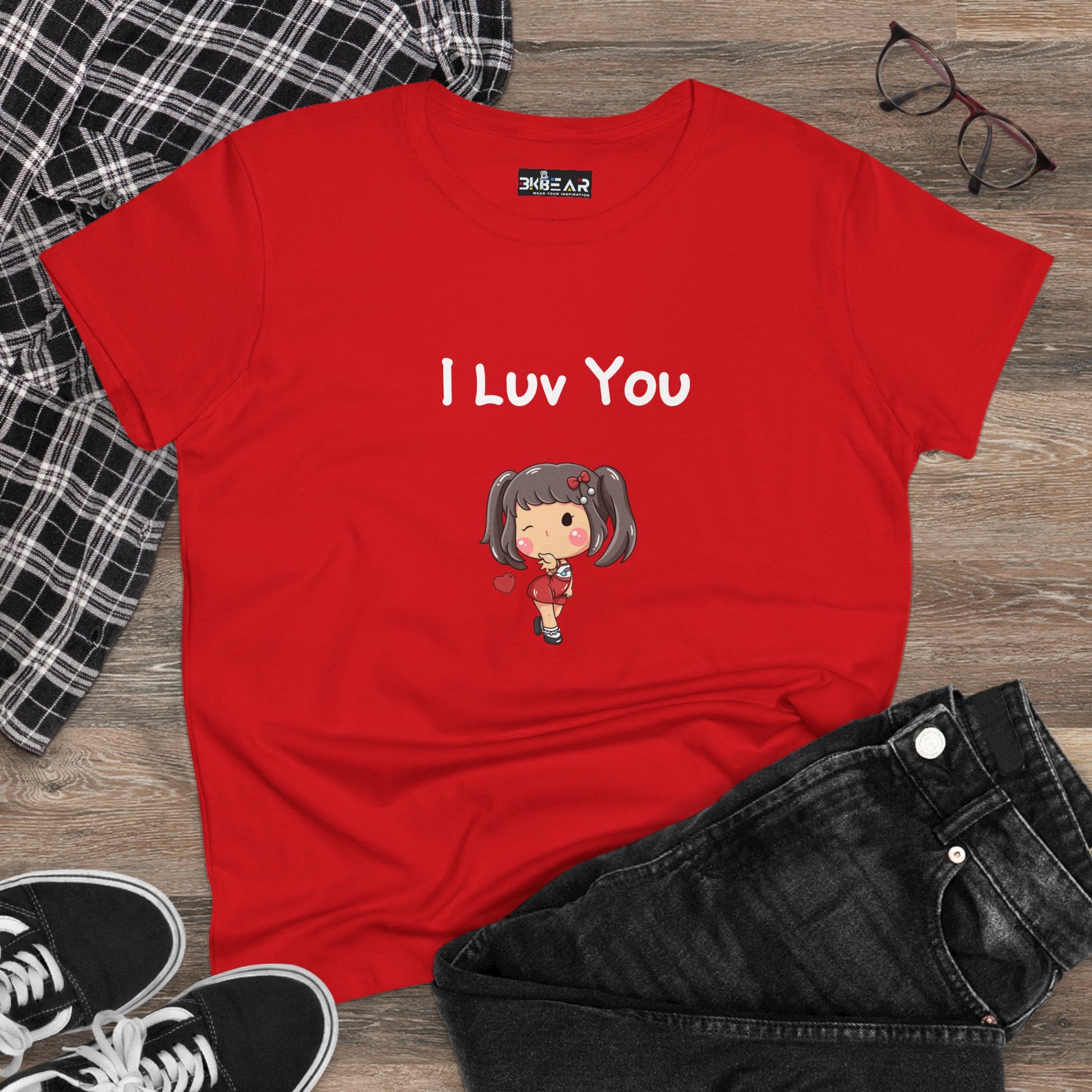 Red Printify I luv you t-shirt featuring cute cartoon girl design laid with jeans and sneakers