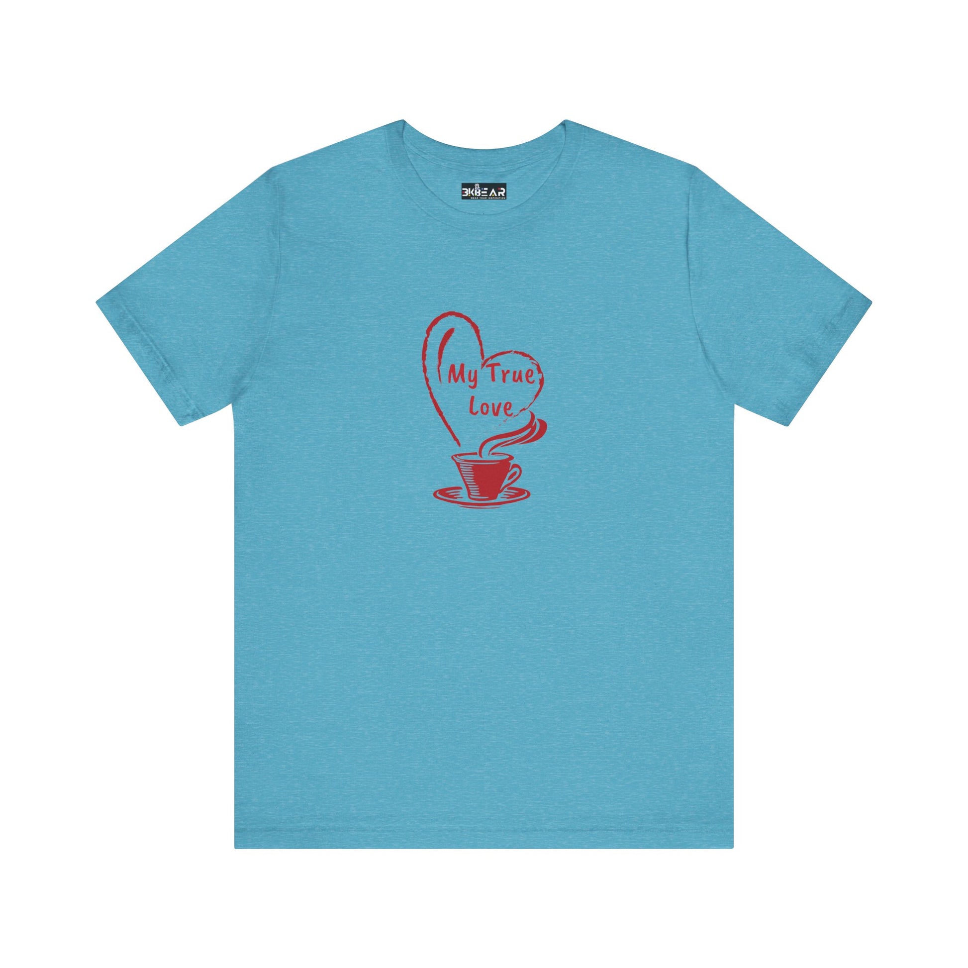 Blue Printify t-shirt with My True Love coffee cup design but first coffee tee