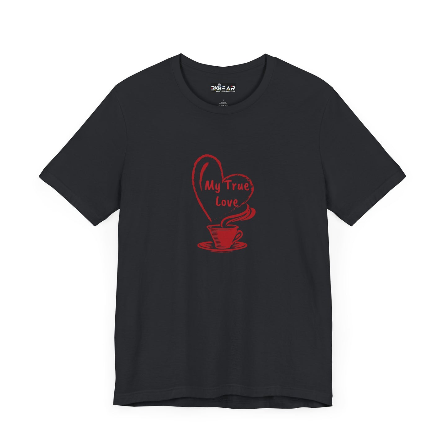 Black Printify t-shirt with red coffee cup and heart design saying My True Love but first coffee tee