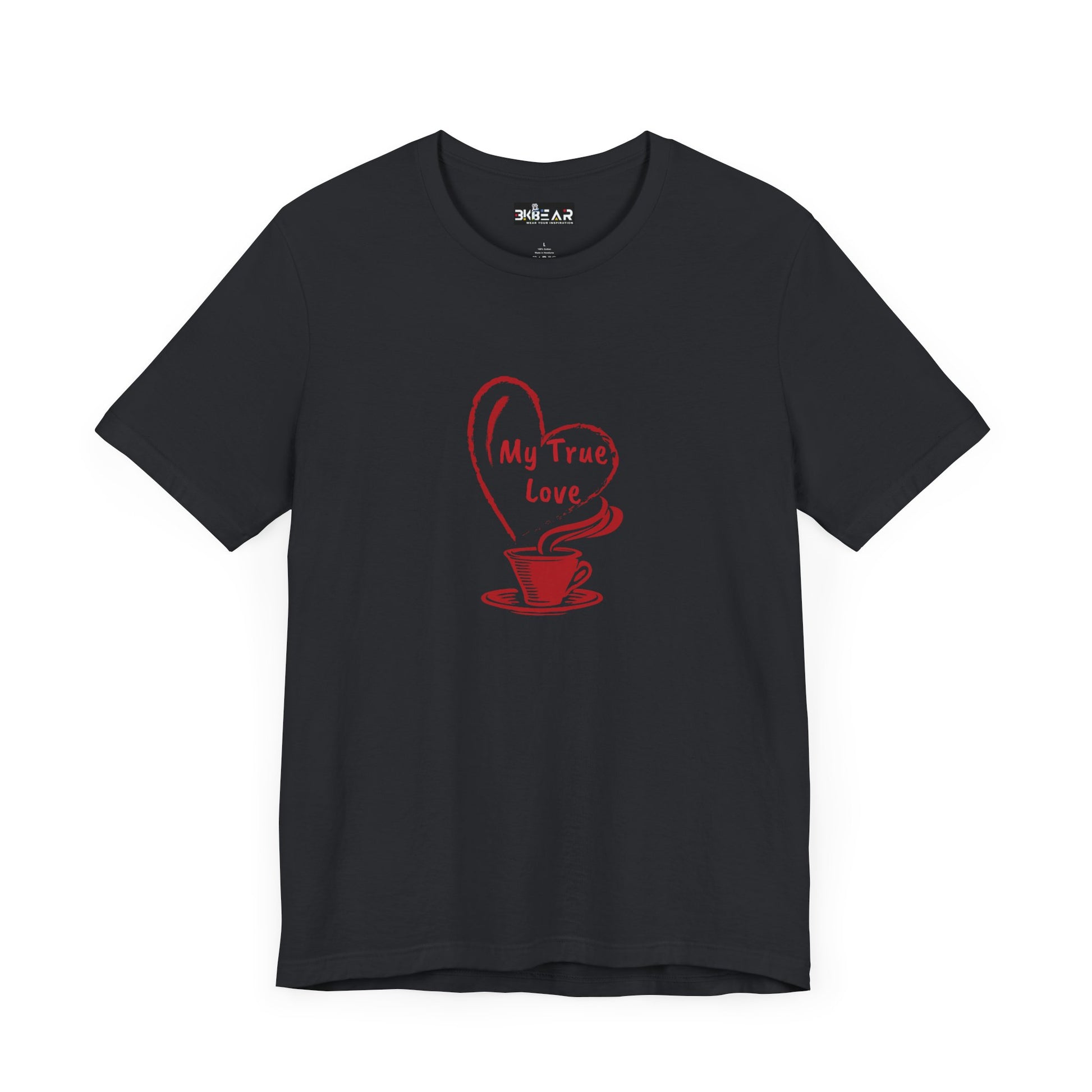Black Printify t-shirt with red coffee cup and heart design saying My True Love but first coffee tee