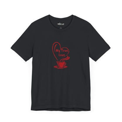 Black Printify t-shirt with red coffee cup and heart design saying My True Love but first coffee tee
