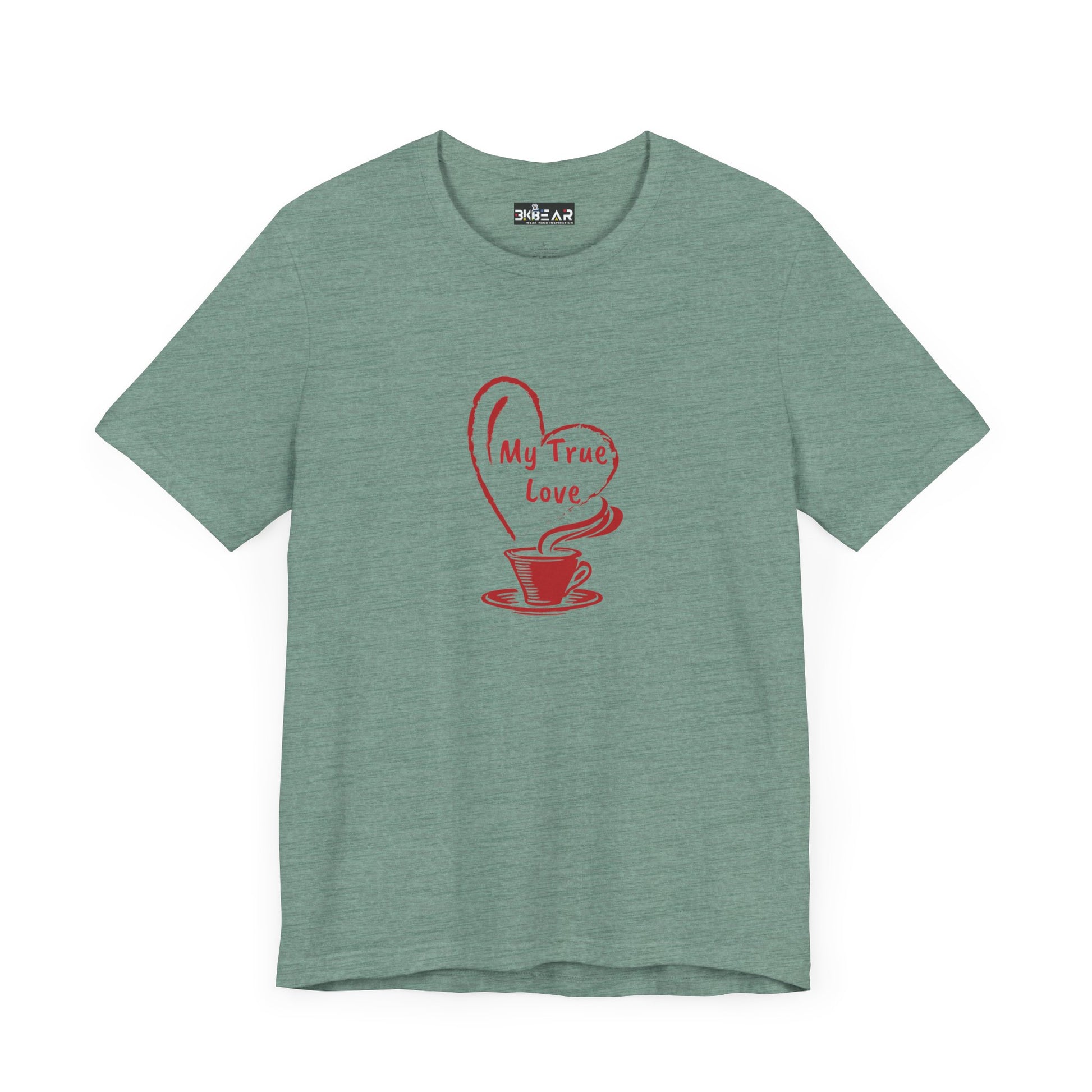Green cotton Printify t-shirt with red coffee cup and My True Love design but first coffee tee
