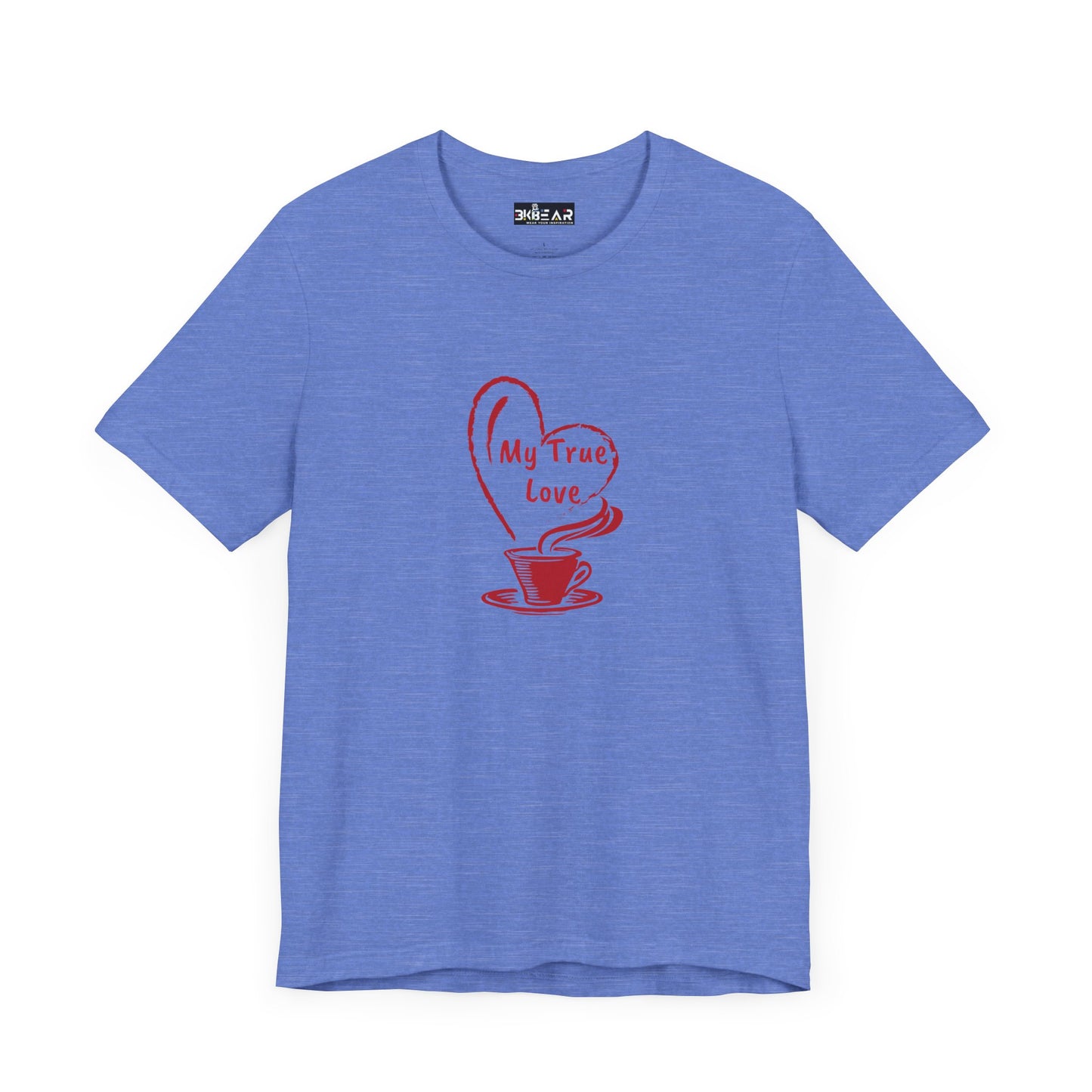 Printify blue t-shirt with red coffee cup and heart design saying My True Love but first coffee tee