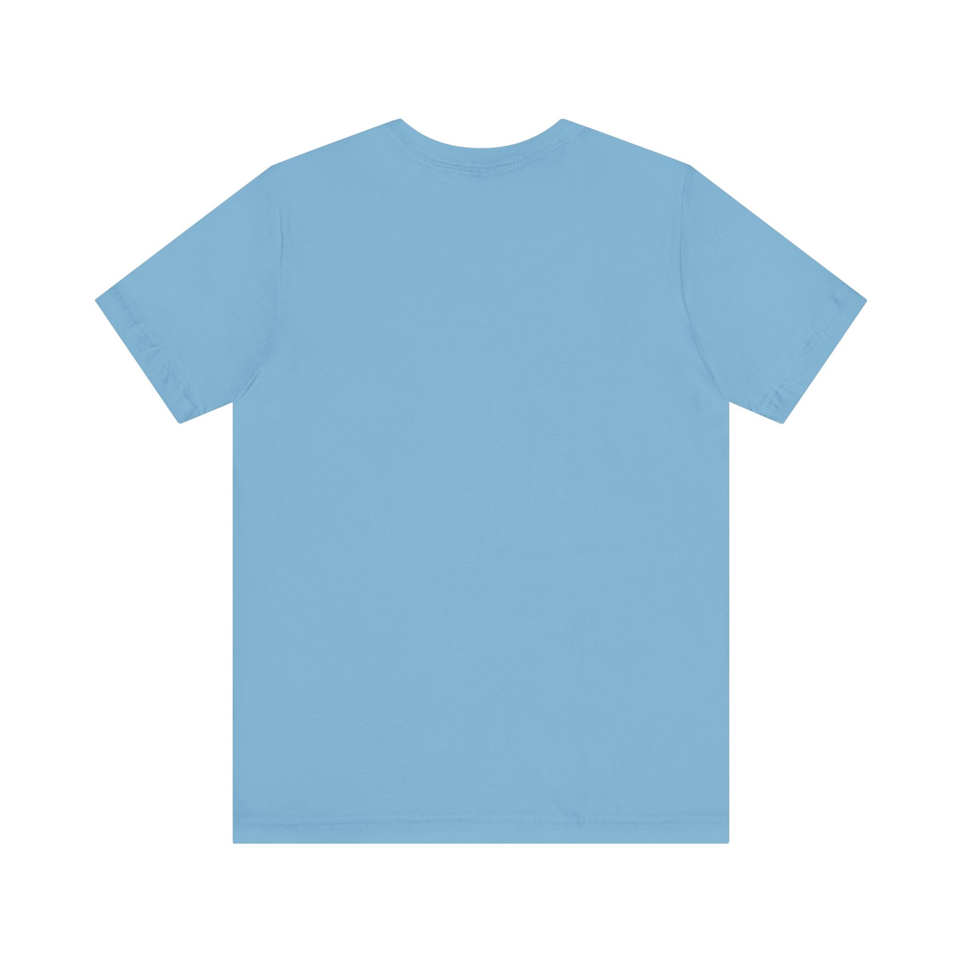 Light blue Printify T-shirt showing back view perfect for casual wear but first coffee tee