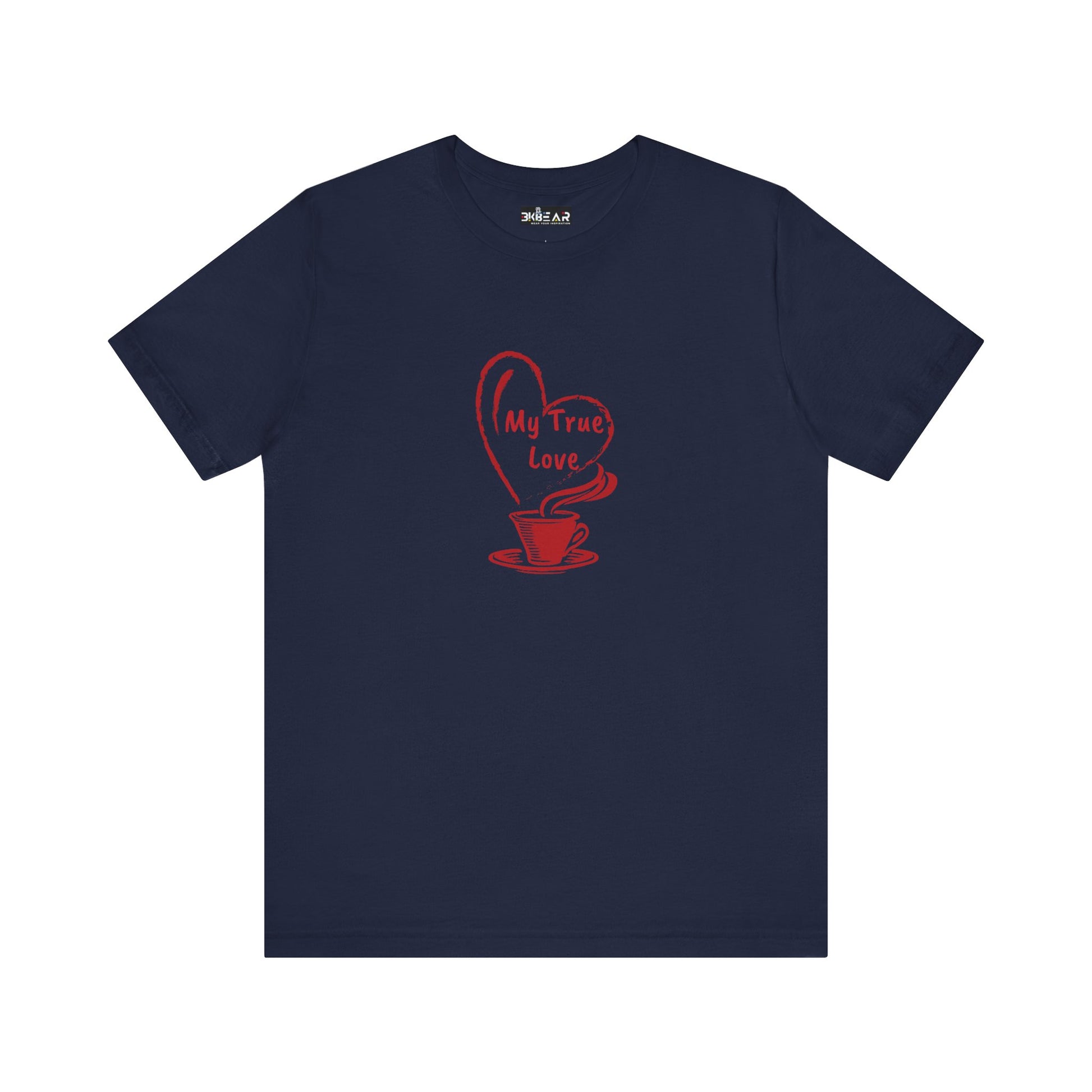 Navy Printify t-shirt with red My True Love coffee cup graphic but first coffee tee