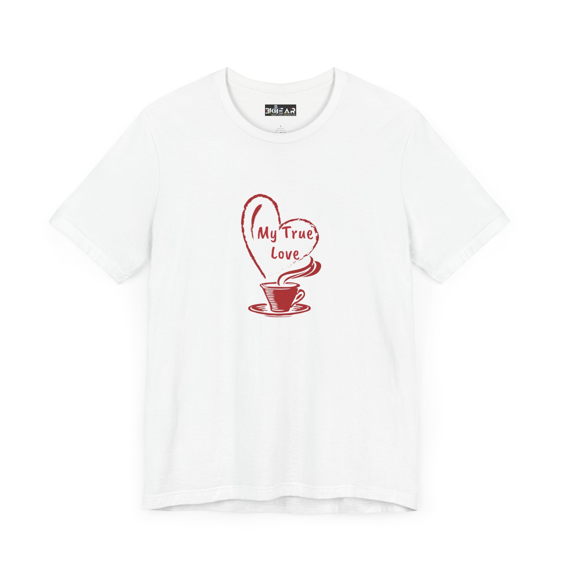 White Printify T-shirt with red coffee cup and steam heart design saying My True Love but first coffee tee