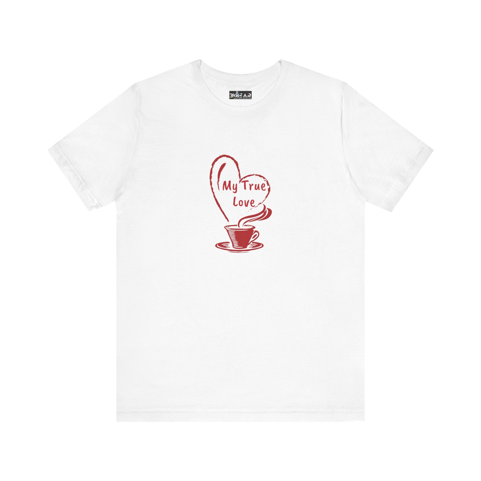 White Printify T-Shirt with red coffee cup and heart graphic and My True Love text but first coffee tee