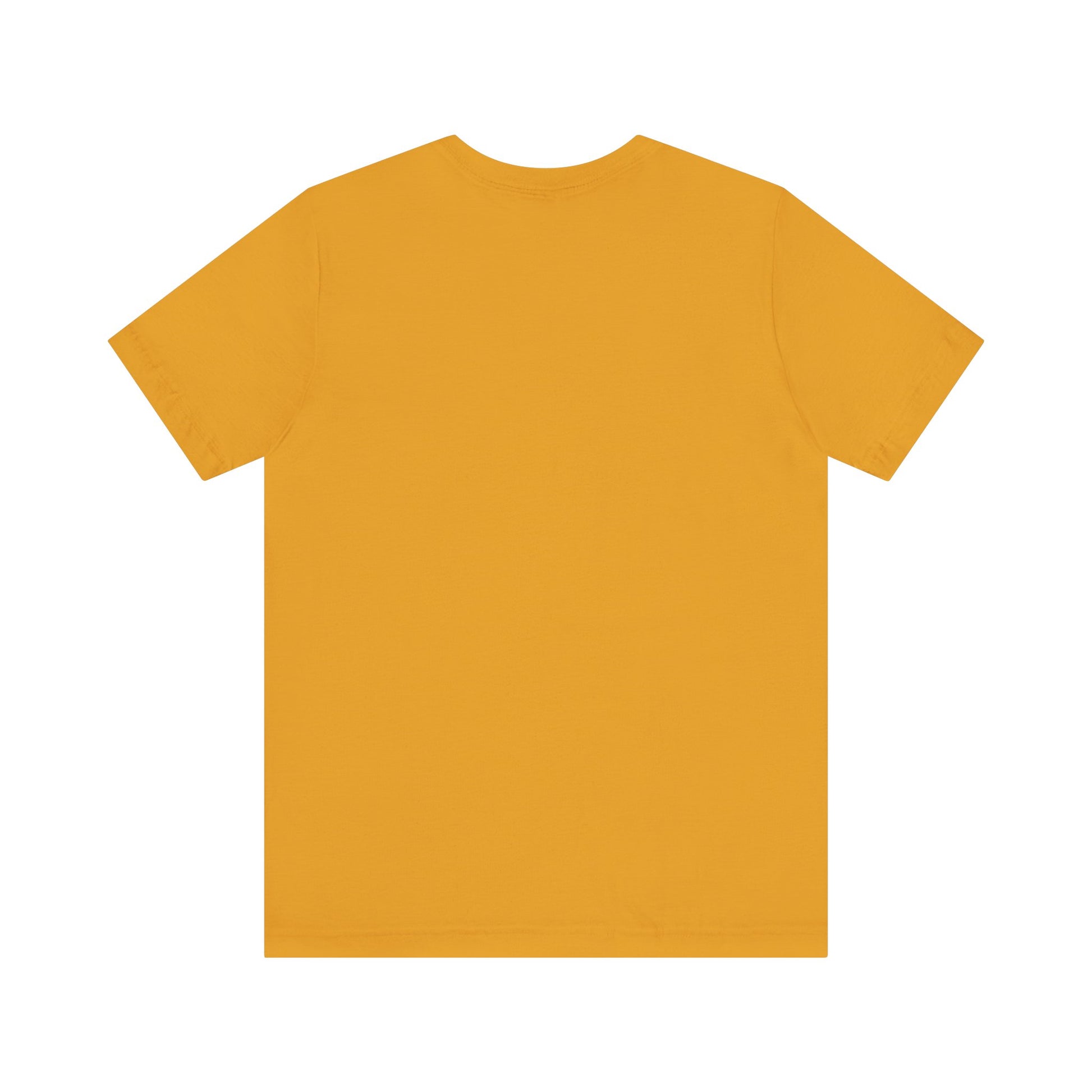 Plain mustard yellow but first coffee tee from Printify showing back view in short sleeve style