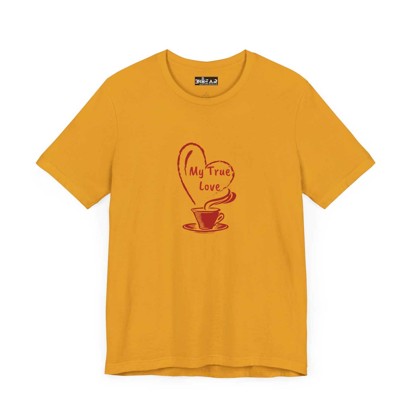Mustard yellow T-shirt with red coffee cup and heart design saying My True Love but first coffee tee