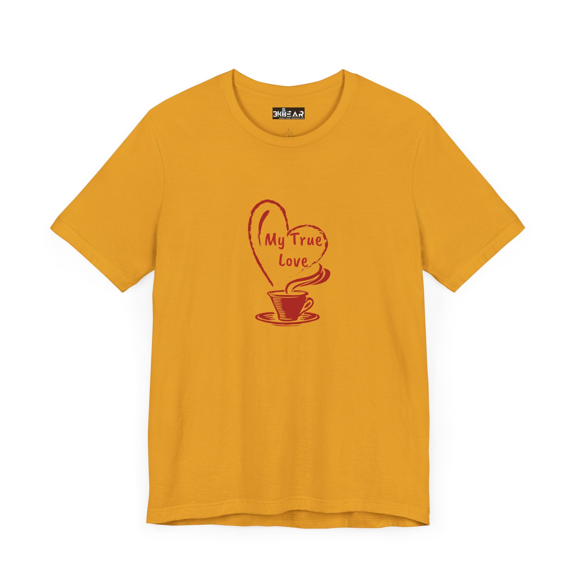 Mustard yellow T-shirt with red coffee cup and heart design saying My True Love but first coffee tee