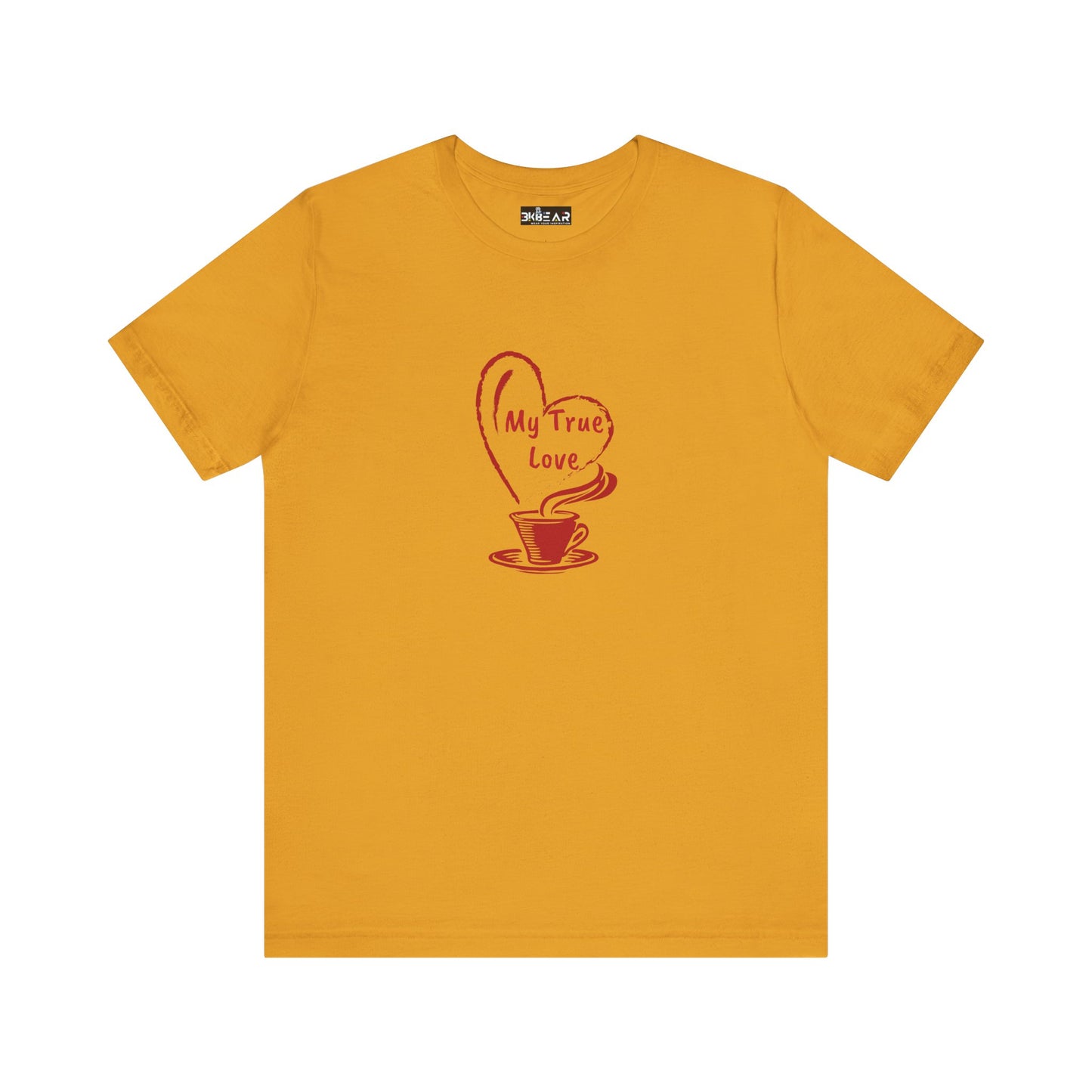 Mustard yellow Printify t-shirt with My True Love coffee cup graphic but first coffee tee