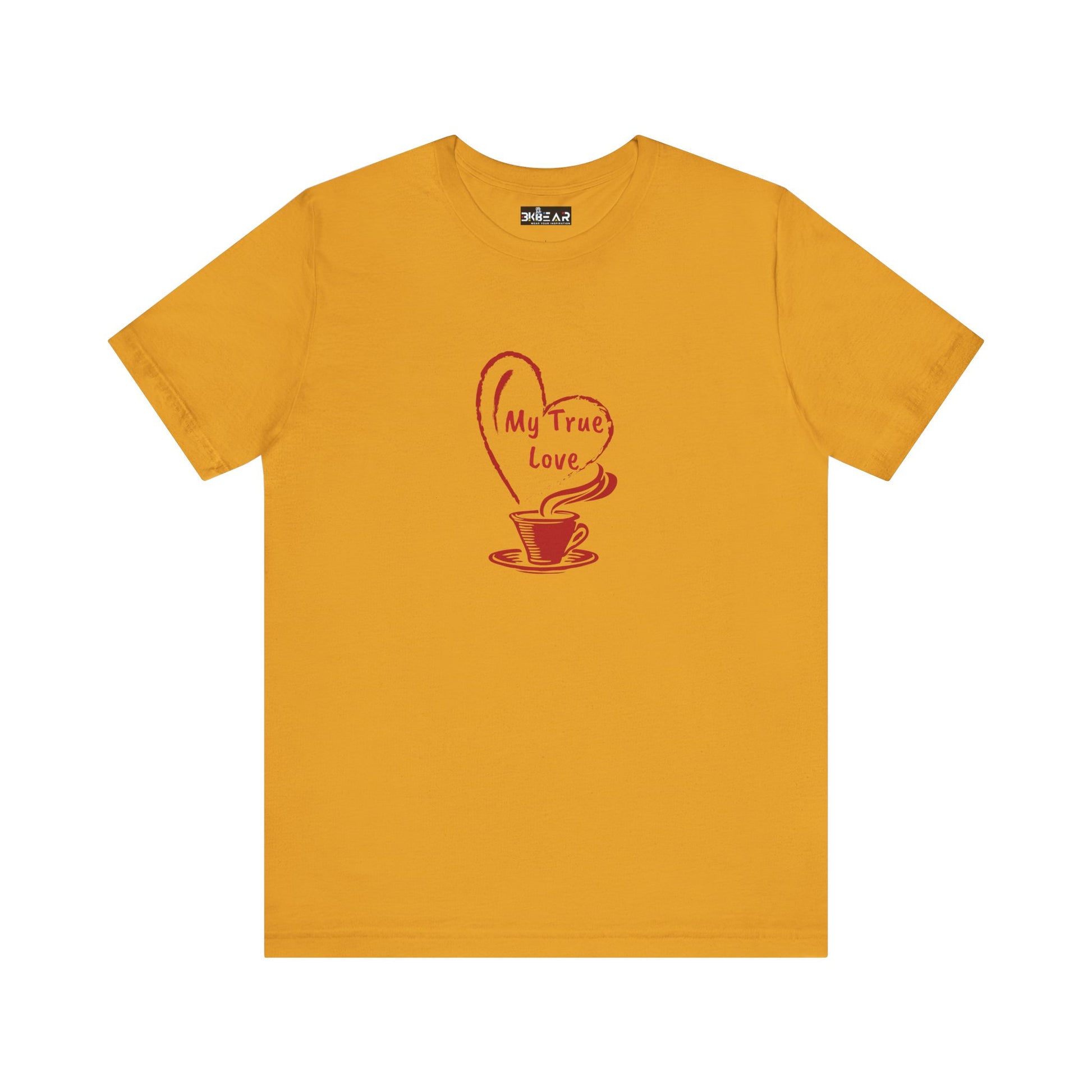 Mustard yellow Printify t-shirt with My True Love coffee cup graphic but first coffee tee