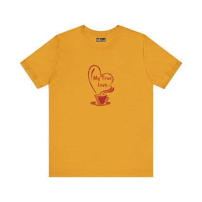 Mustard yellow Printify t-shirt with My True Love coffee cup graphic but first coffee tee