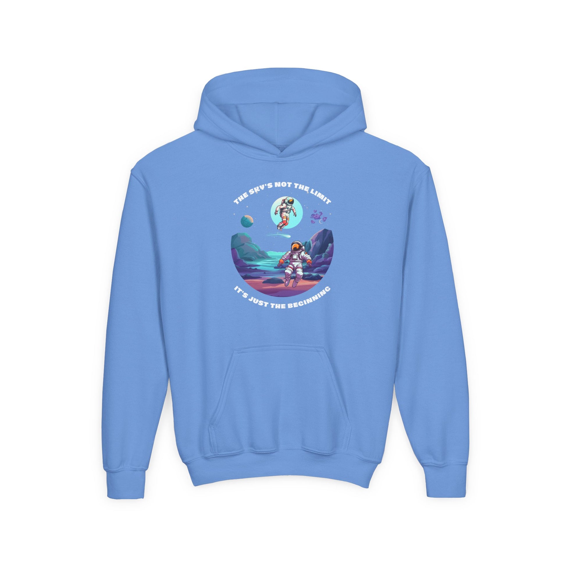 Light blue inspirational kids hoodie with astronaut and space design from Printify