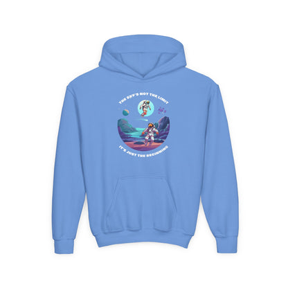 Light blue inspirational kids hoodie with astronaut and space design from Printify