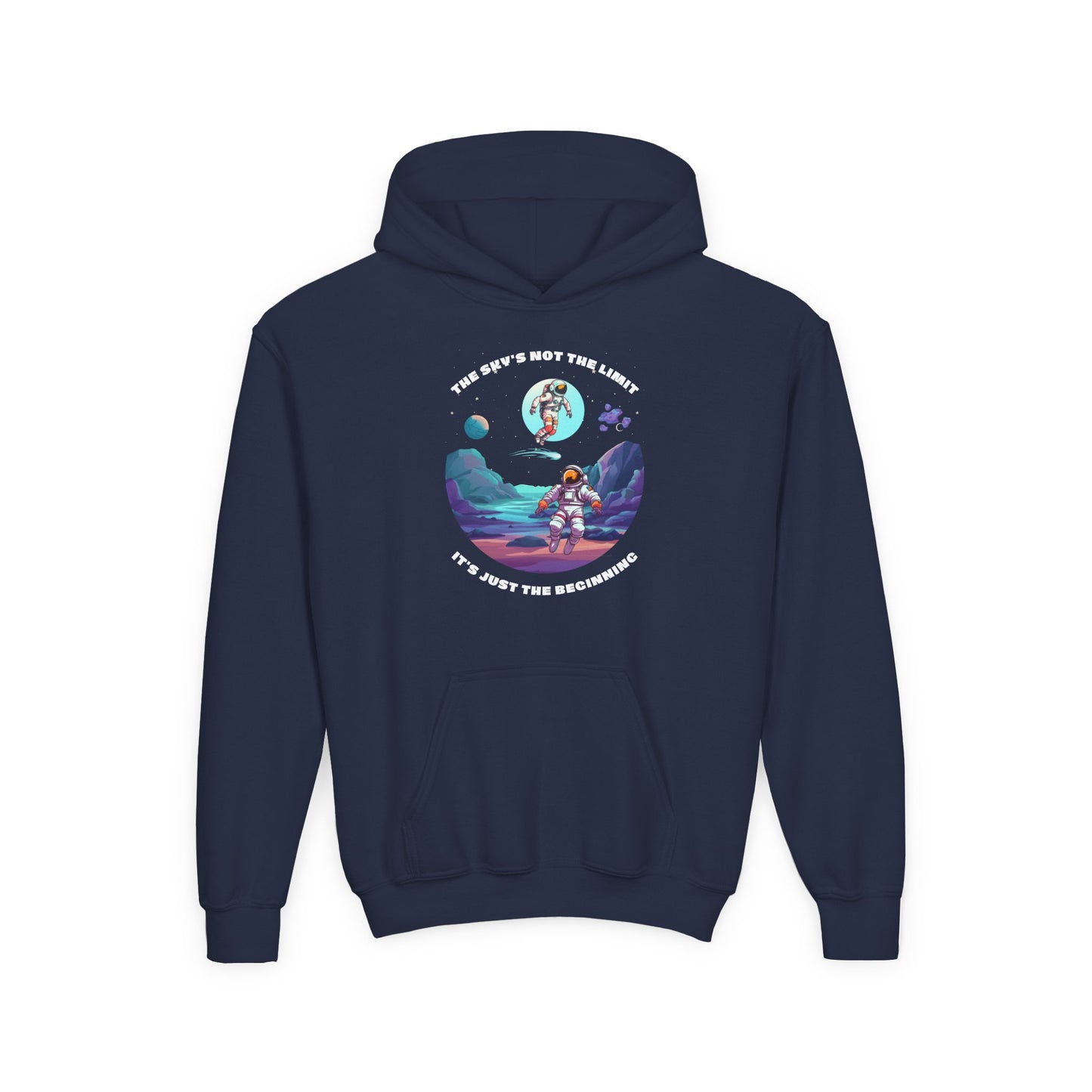 Navy Printify inspirational kids hoodie with astronaut graphic and motivational text for children