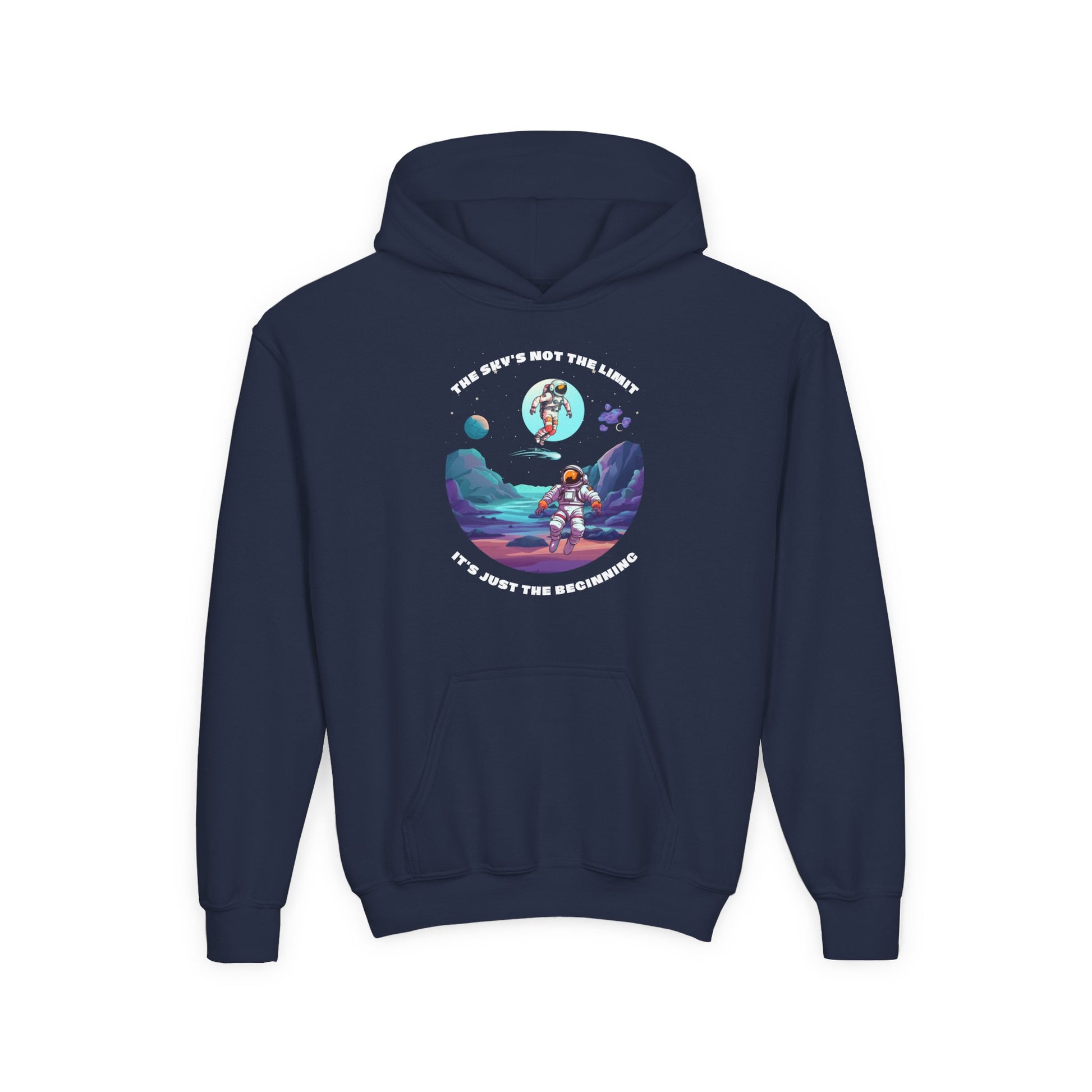 Navy Printify inspirational kids hoodie with astronaut graphic and motivational text for children