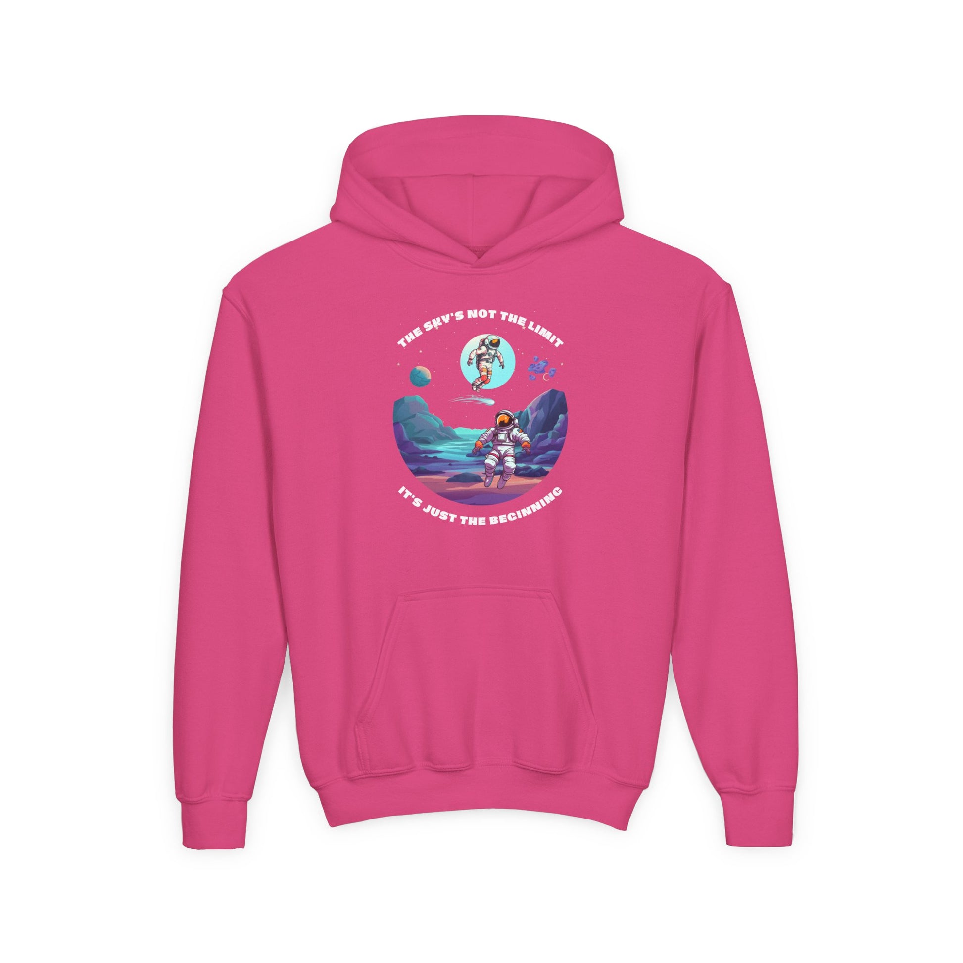 Pink inspirational kids hoodie with astronaut and motivational text graphic by Printify