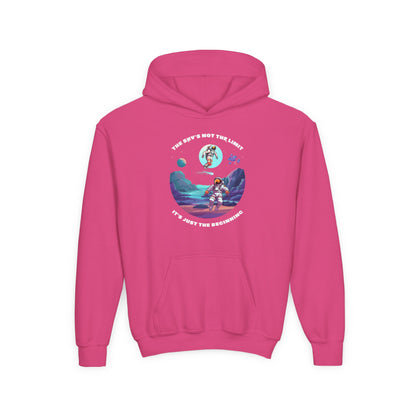 Pink inspirational kids hoodie with astronaut and motivational text graphic by Printify
