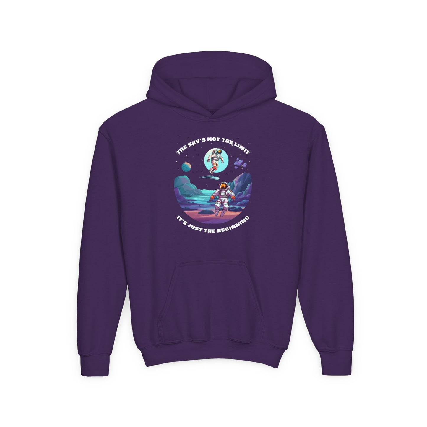 Purple inspirational kids hoodie with astronaut space graphic and motivational text from Printify
