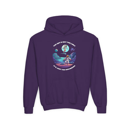 Purple inspirational kids hoodie with astronaut space graphic and motivational text from Printify