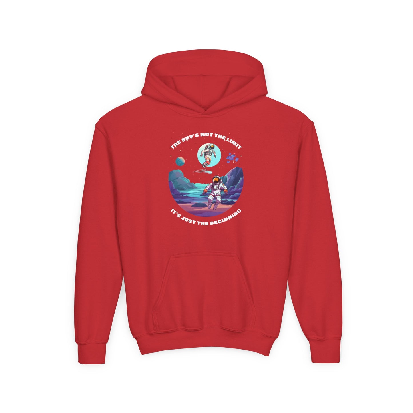 Red inspirational kids hoodie with astronaut graphic and motivational text from Printify