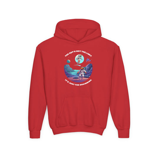 Red inspirational kids hoodie with astronaut graphic and motivational text from Printify