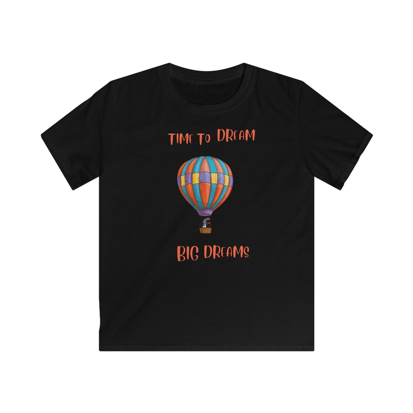 Black inspirational kids shirt with colorful hot air balloon and time to dream big dreams text