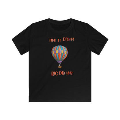Black inspirational kids shirt with colorful hot air balloon and time to dream big dreams text