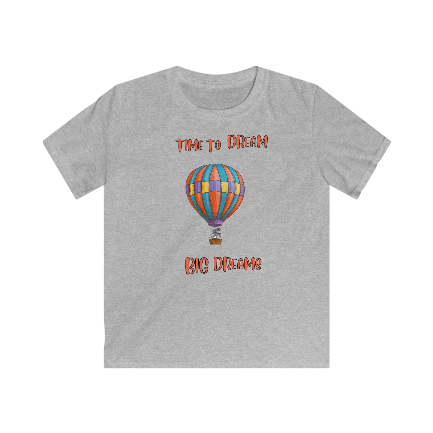 Printify gray inspirational kids shirt with colorful hot air balloon and Time to Dream Big Dreams text