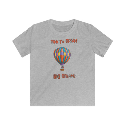 Printify gray inspirational kids shirt with colorful hot air balloon and Time to Dream Big Dreams text