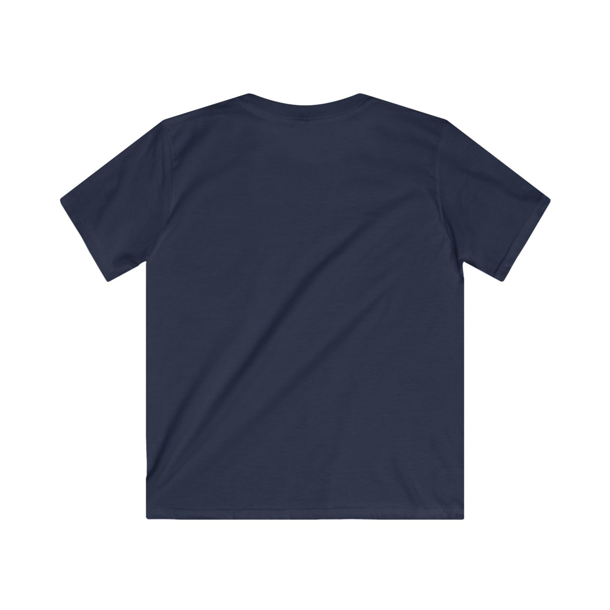 Back view of plain navy blue inspirational kids shirt from Printify in short sleeve style