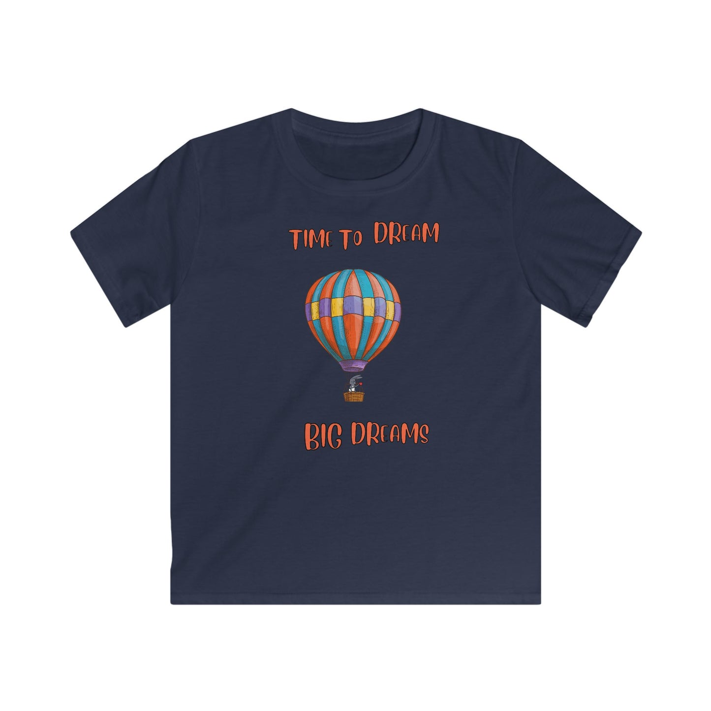 Navy blue kids shirt from Printify with colorful hot air balloon and inspirational kids shirt text