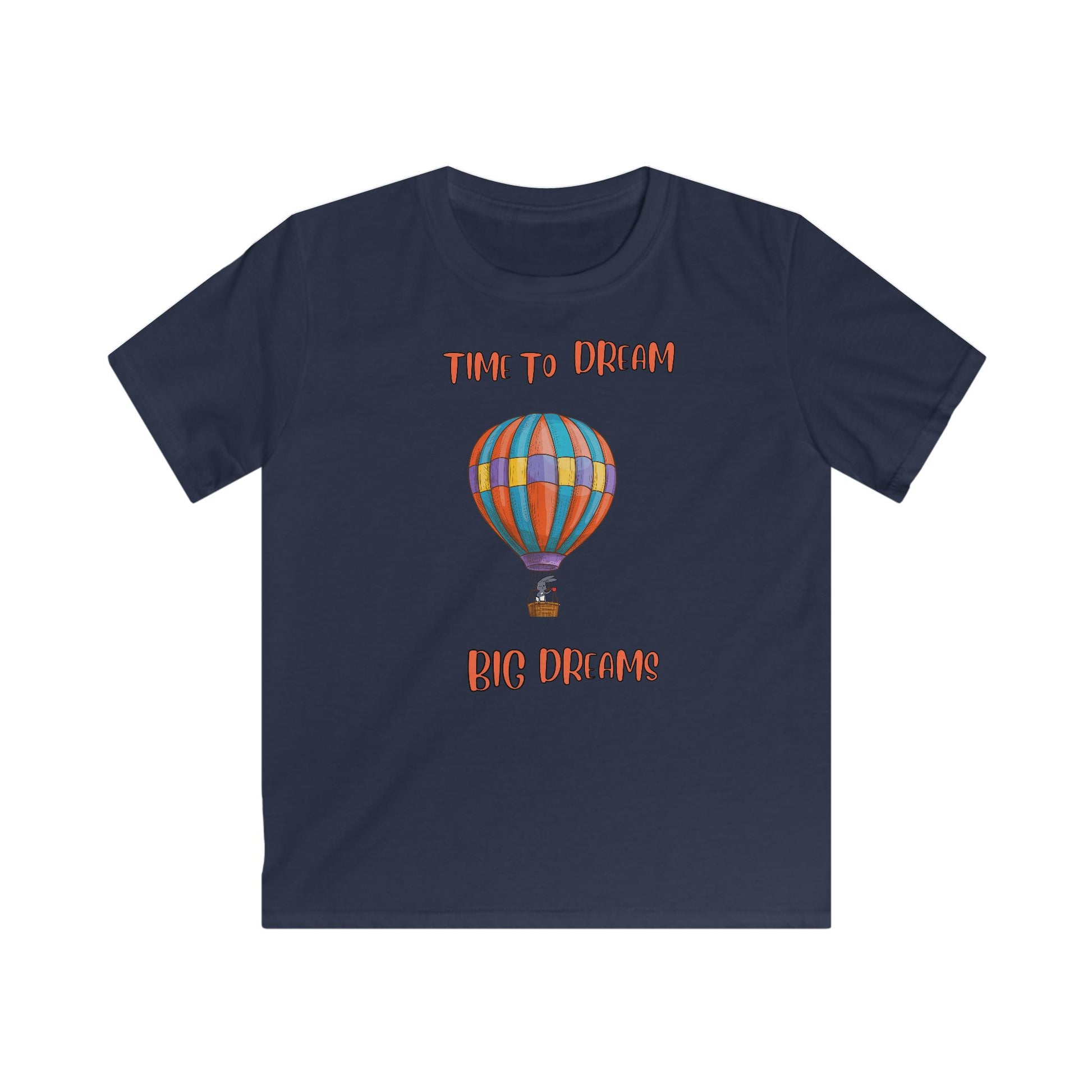 Navy blue kids shirt from Printify with colorful hot air balloon and inspirational kids shirt text