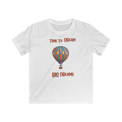 White kids shirt by Printify with colorful hot air balloon and inspirational kids shirt text Time to Dream Big Dreams
