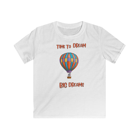 White kids shirt by Printify with colorful hot air balloon and inspirational kids shirt text Time to Dream Big Dreams