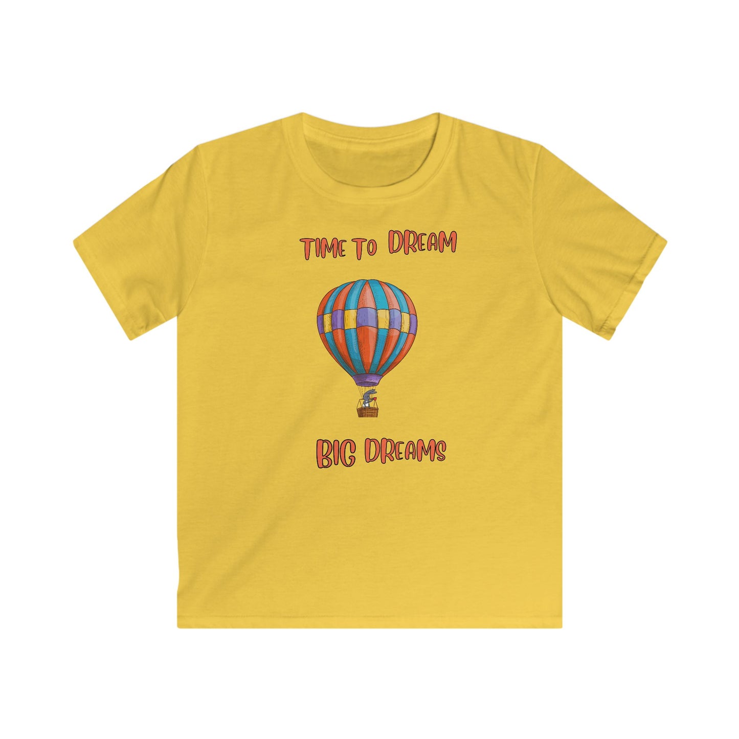 Yellow inspirational kids shirt with colorful hot air balloon and text Time to Dream Big Dreams