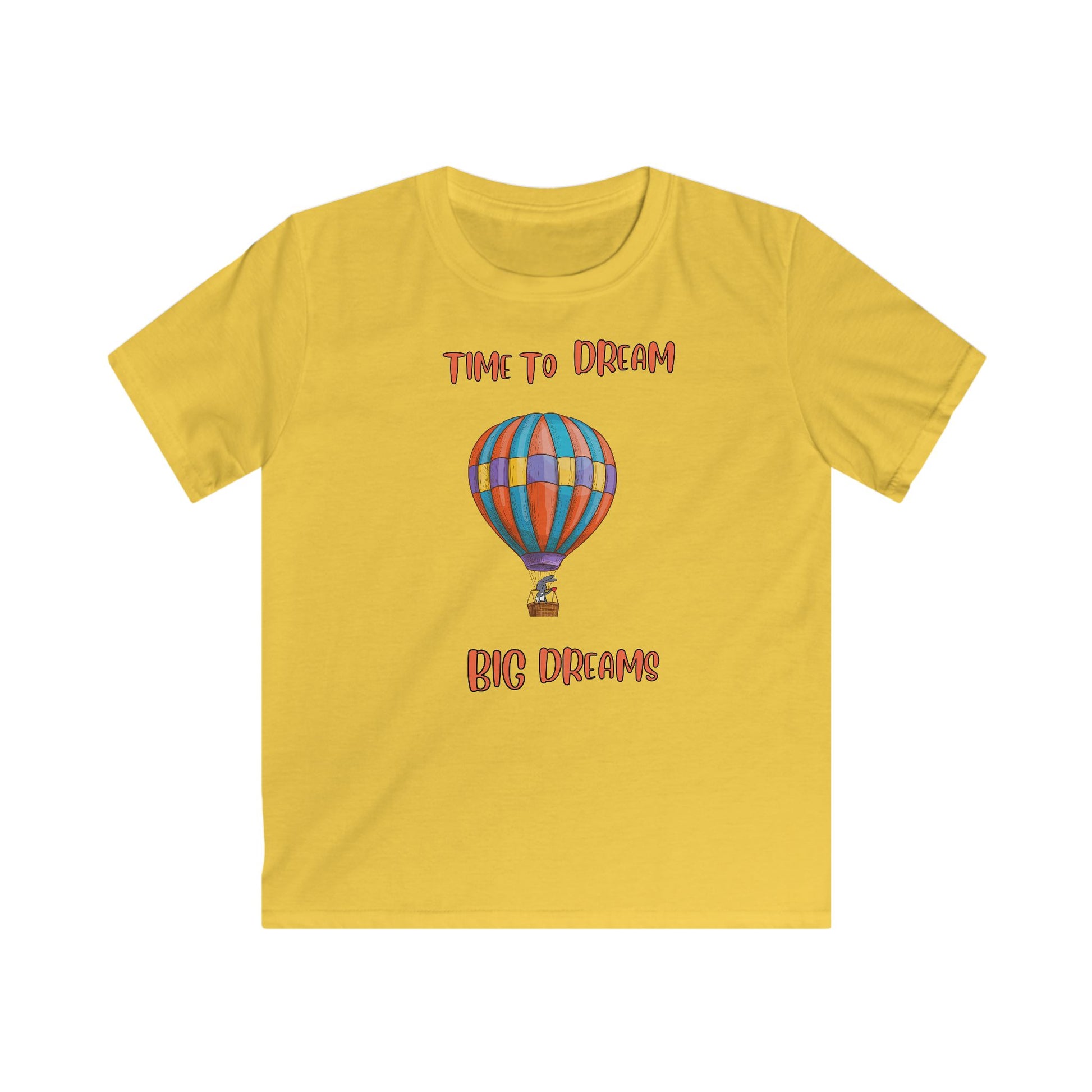 Yellow inspirational kids shirt with colorful hot air balloon and text Time to Dream Big Dreams