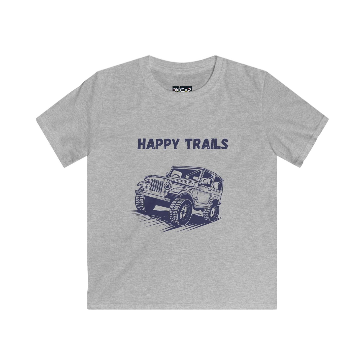 Gray kids t-shirt with jeep life kids tee design featuring a jeep and happy trails text