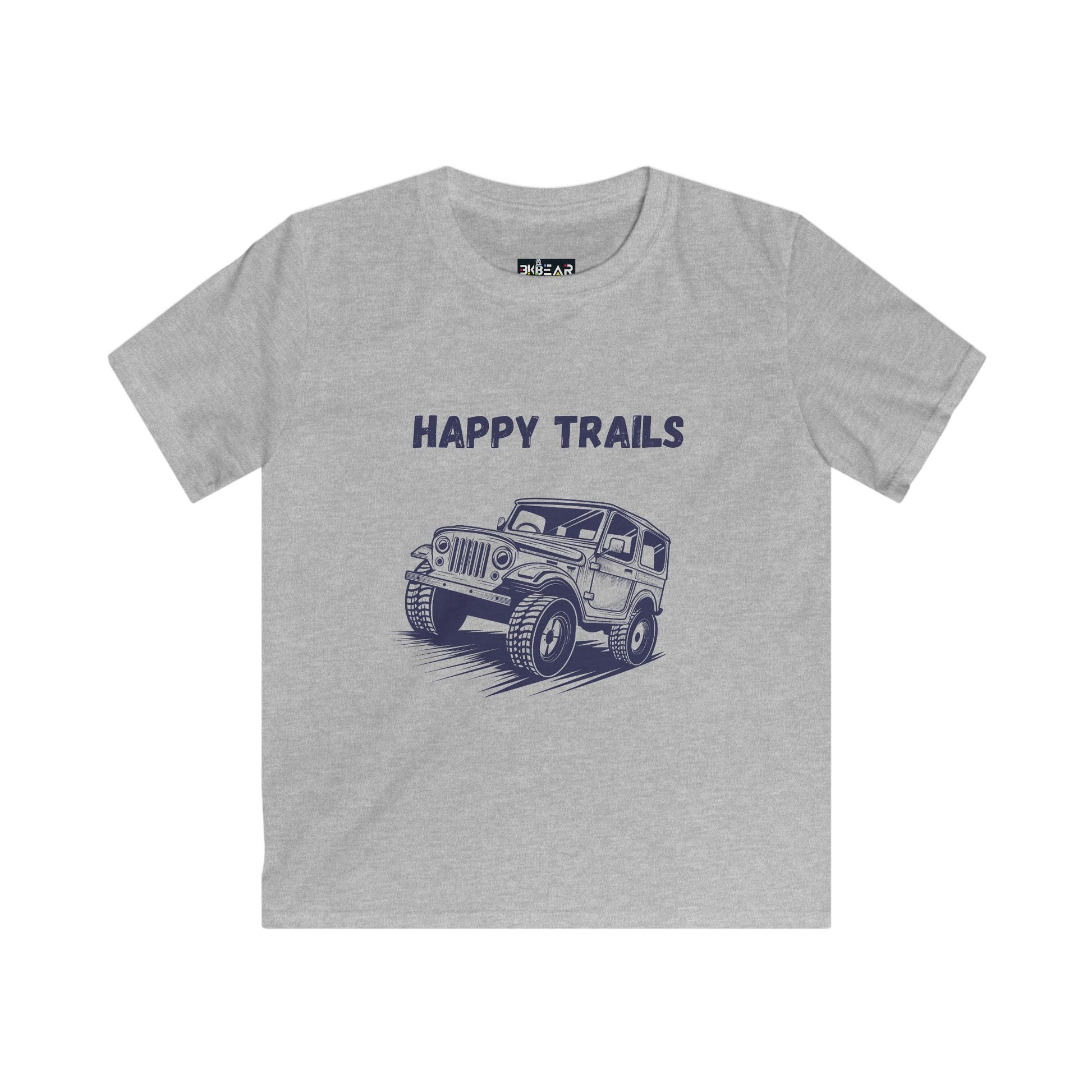 Gray kids t-shirt with jeep life kids tee design featuring a jeep and happy trails text