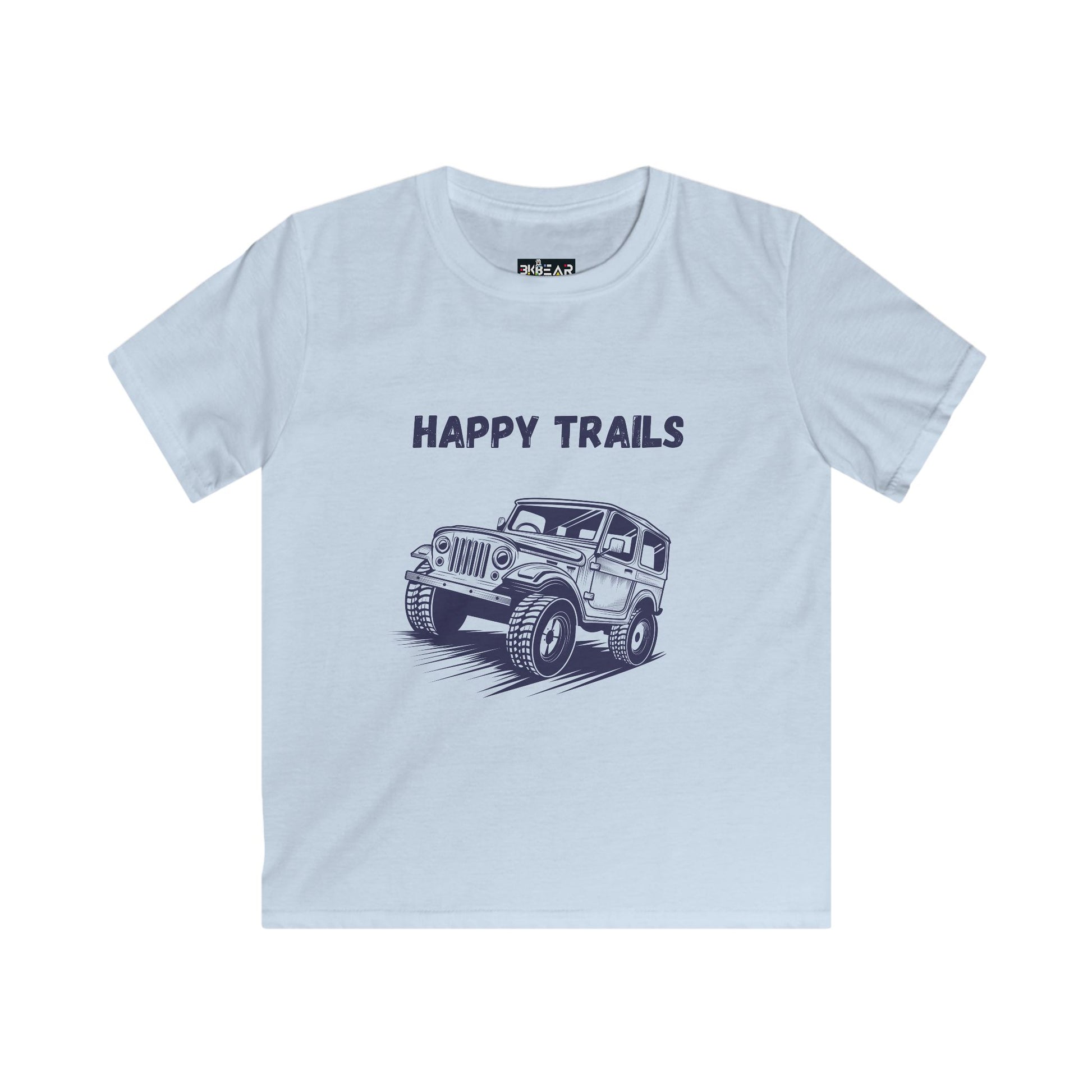 Light blue jeep life kids tee with Happy Trails text and off-road jeep graphic for kids