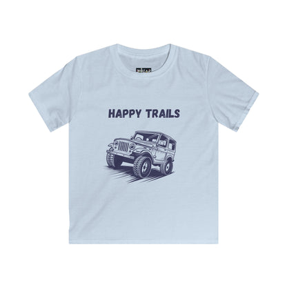 Light blue jeep life kids tee with Happy Trails text and off-road jeep graphic for kids