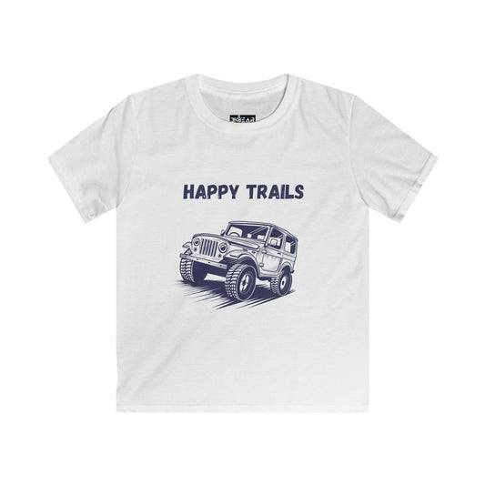 White kids tee from Printify with jeep life kids tee design featuring a jeep and happy trails text