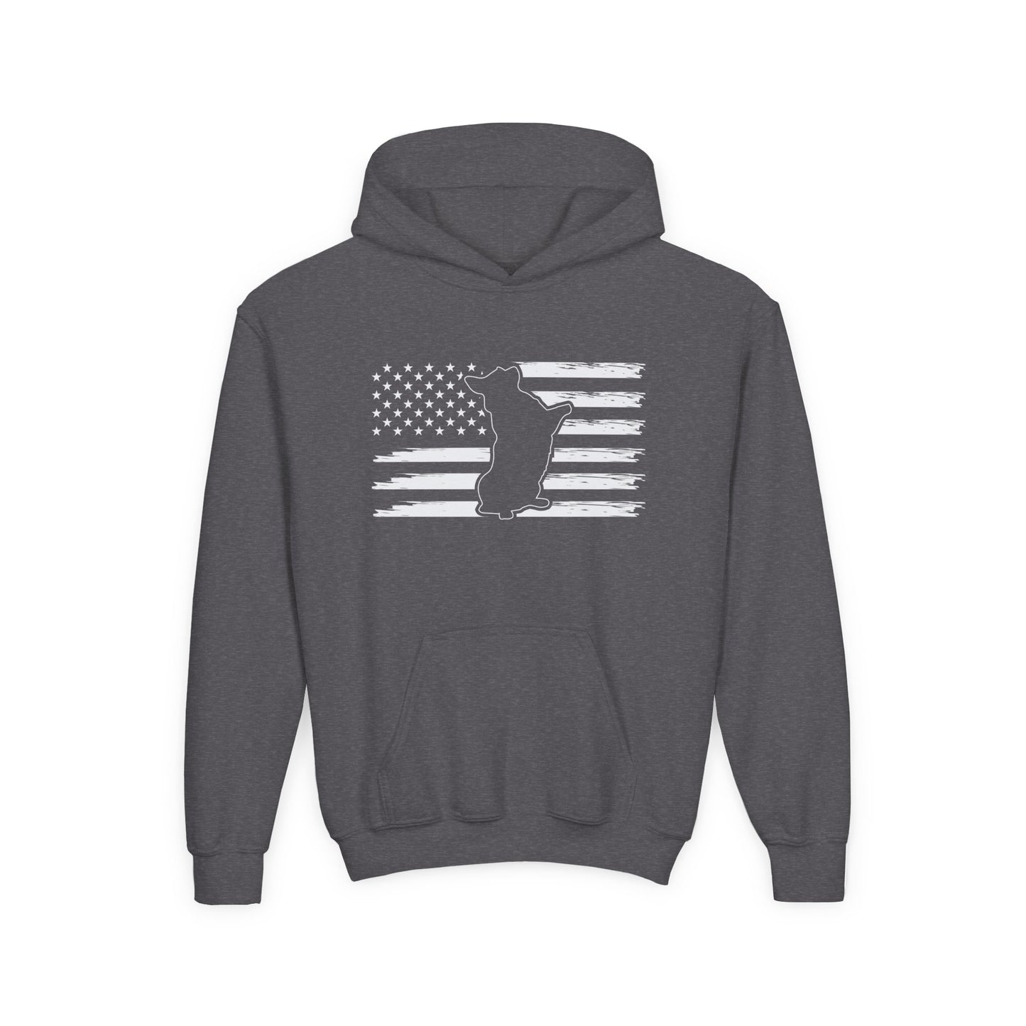 Printify kids American flag hoodie in dark gray with white distressed flag and cat silhouette design