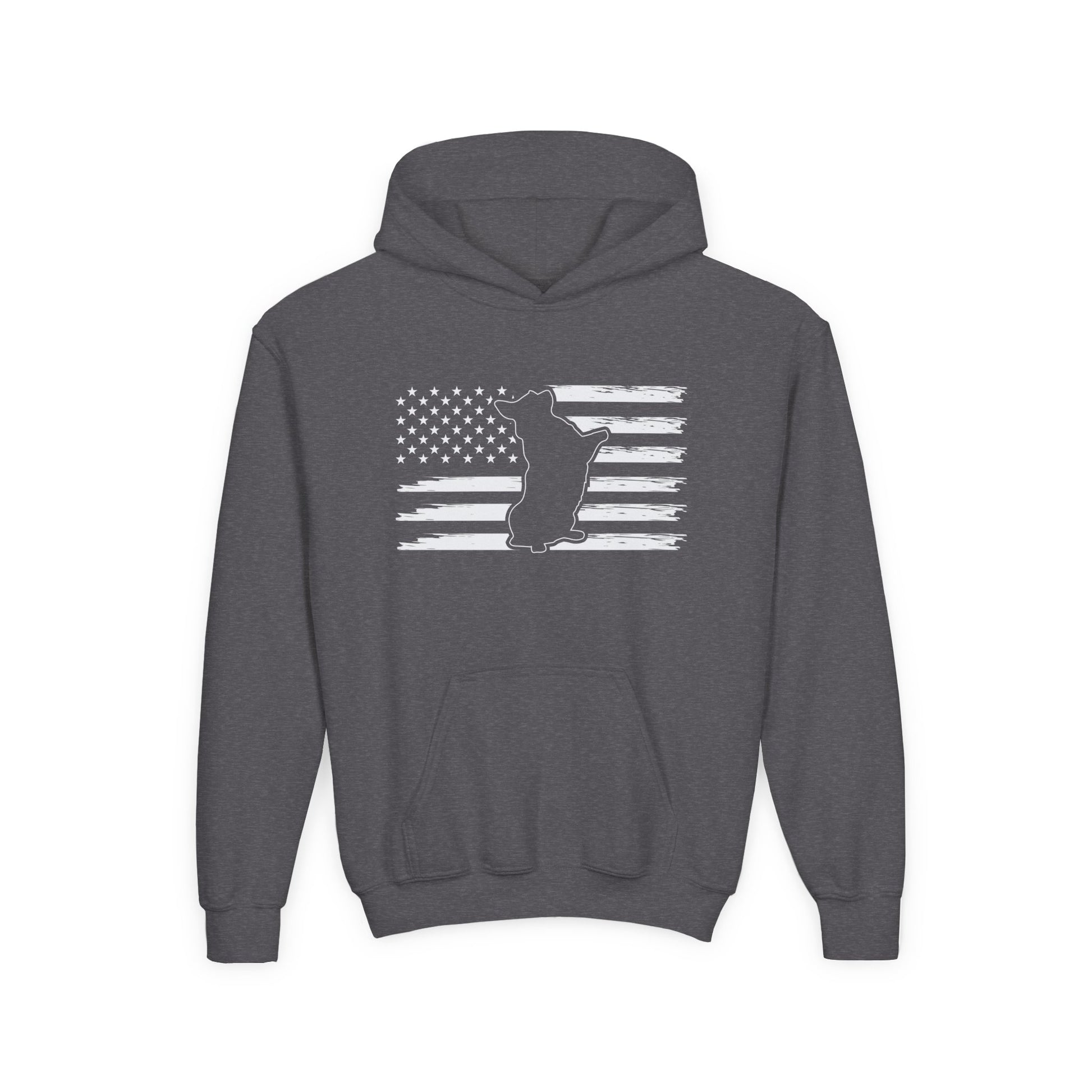 Printify kids American flag hoodie in dark gray with white distressed flag and cat silhouette design