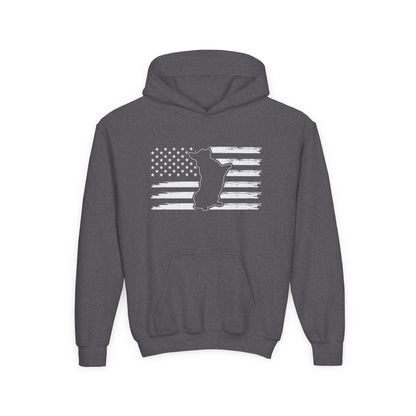 Printify kids American flag hoodie in dark gray with white distressed flag and cat silhouette design