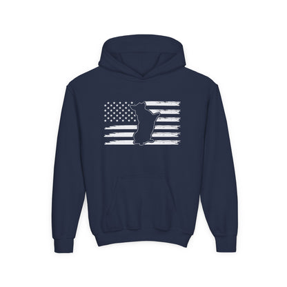 Navy kids American flag hoodie with kangaroo pocket and distressed white flag design