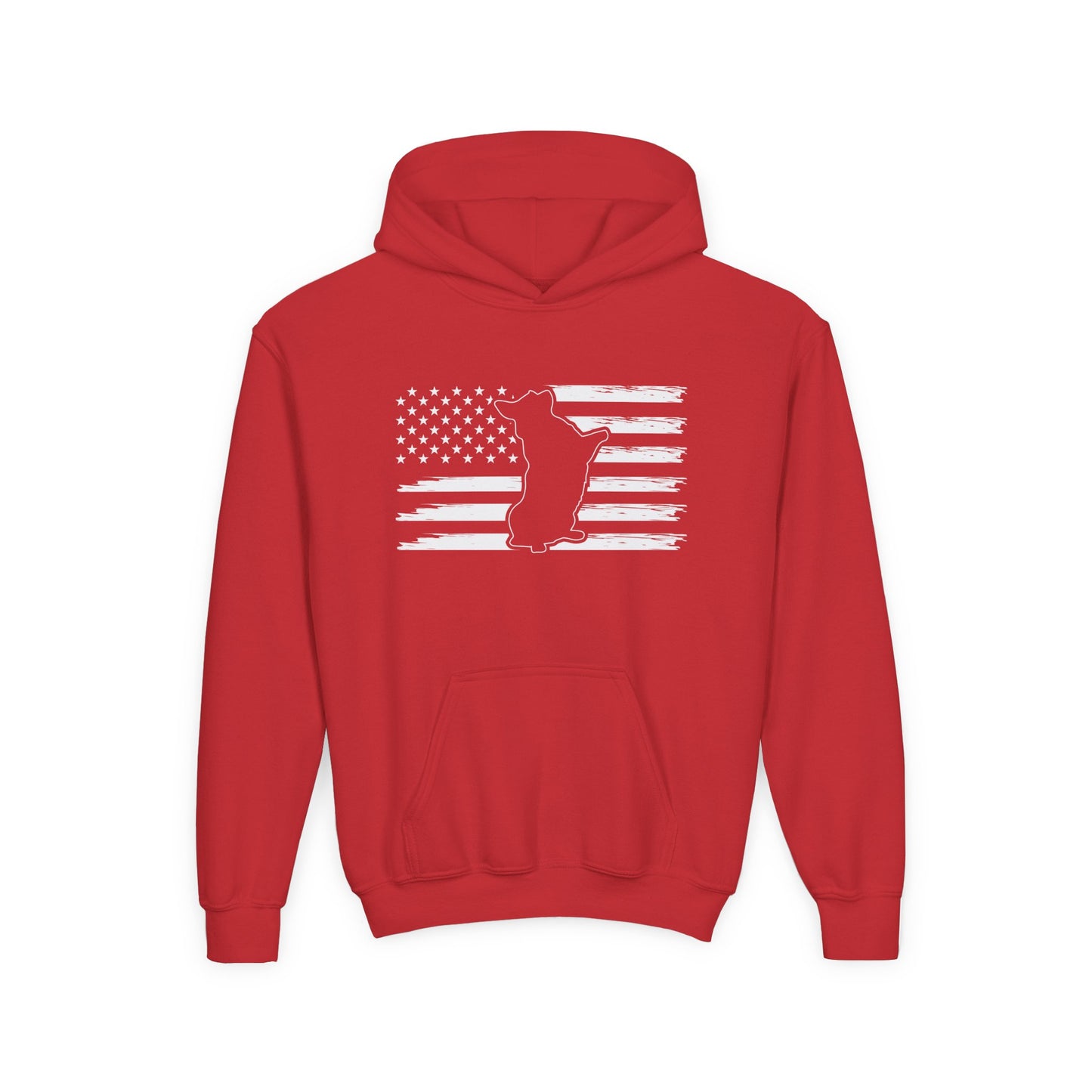 Red kids American flag hoodie with white distressed flag and squirrel graphic by Printify